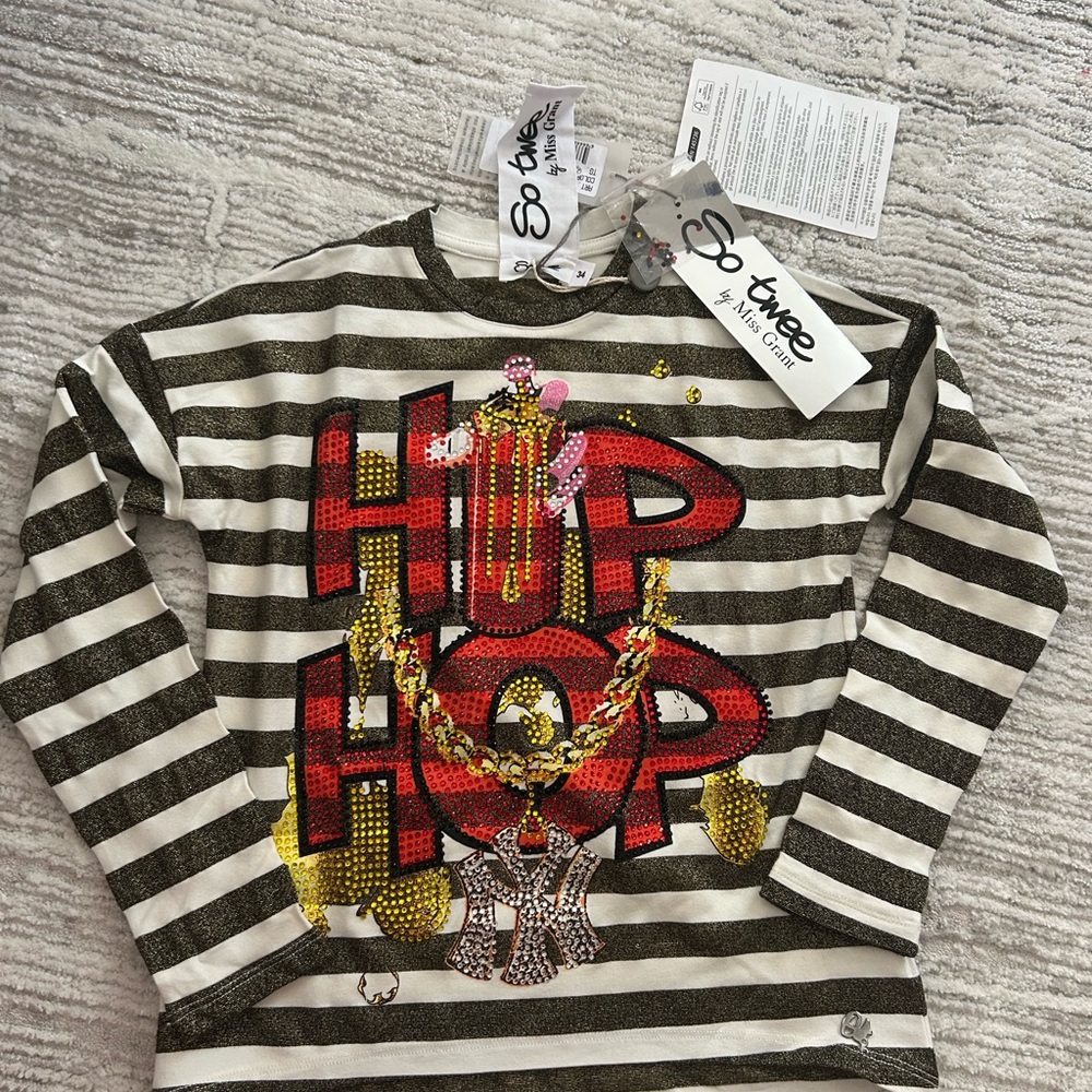 So Twee by Miss Grant Black White Gold Striped Crystal Hip Hop top